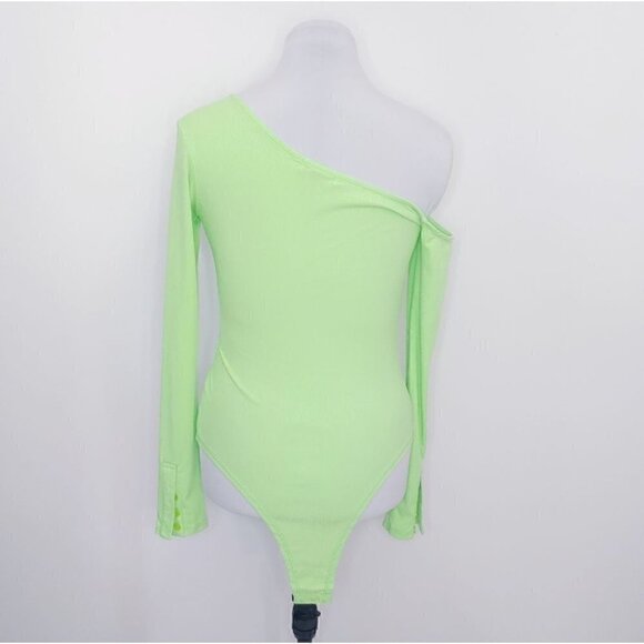 NWOT DEBASE off-shoulder ribbed long sleeves neon green bodysuit - Picture 2 of 13